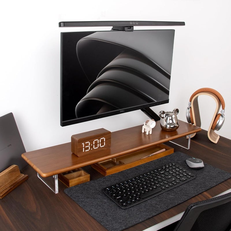 ROCDEER Bamboo Monitor Stand Riser with Acrylic Legs for Desk, 31.5 Inches Desktop Shelf Supports for PC Computer Monitor, Laptops, Printer, Speakers (Brown) - Image 2